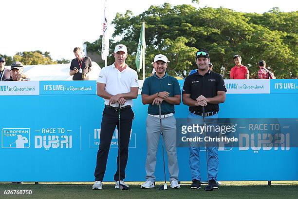 Richard Green, Jordan Smith and Ryan Fox pose on the 1st hole before tee off during day one of the 2016 Australian PGA Championship at RACV Royal...