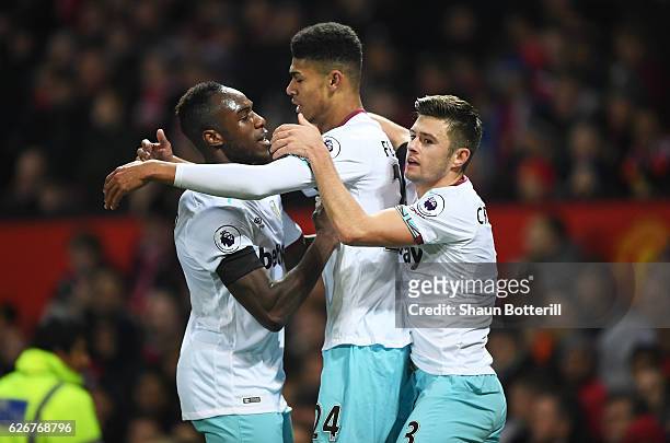 Ashley Fletcher of West Ham United celebrates with team mates after scoring his team's first goal of the game during the EFL Cup quarter final match...