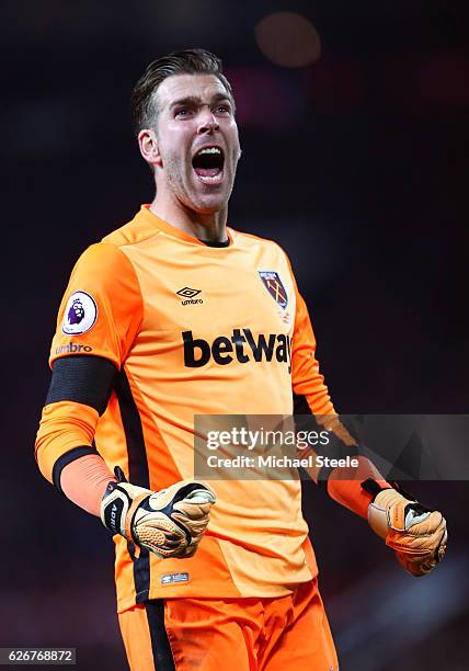 Adrian of West Ham United celebrates after team mate Ashley Fletcher scores his team's first goal of the game during the EFL Cup quarter final match...