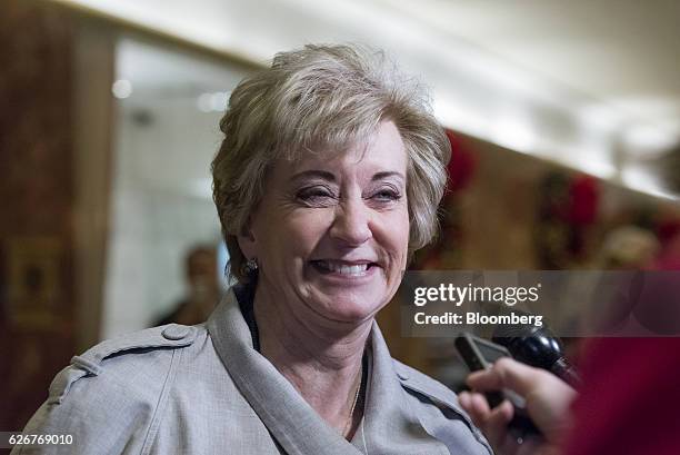 Linda McMahon, former chief executive officer of World Wrestling Entertainment Inc., smiles while speaking to the media in the lobby of Trump Tower...