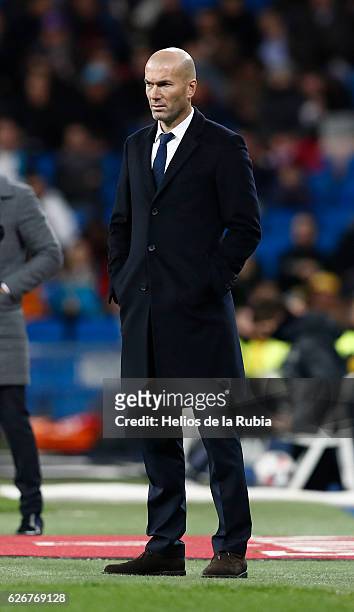 Headcoach Zinedine ZIdane of Real Madrid looks on during the Copa del Rey round of 32 second leg match between Real Madrid CF and Cultural y...