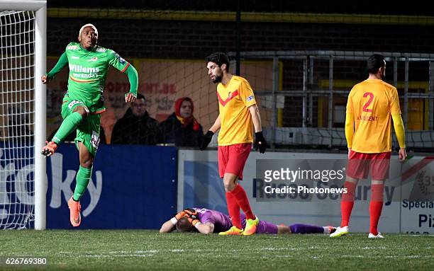 Gohi Bi Zoro Cyriac forward of KV Oostende celebrates with teammates after scoring pictured during Croky cup 1/8 F match between AFC Tubize and KV...