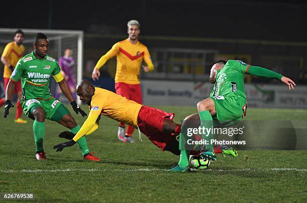 Mamadou Diallo of Tubize and Sebastien Siani midfielder of KV Oostende pictured during Croky cup 1/8 F match between AFC Tubize and KV Oostende on...