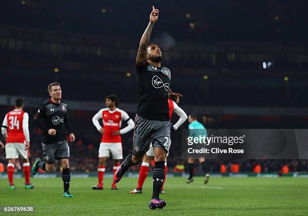 Ryan Bertrand of Southampton celebrates after scoring his team's second goal of the game during the EFL Cup quarter final match between Arsenal and...