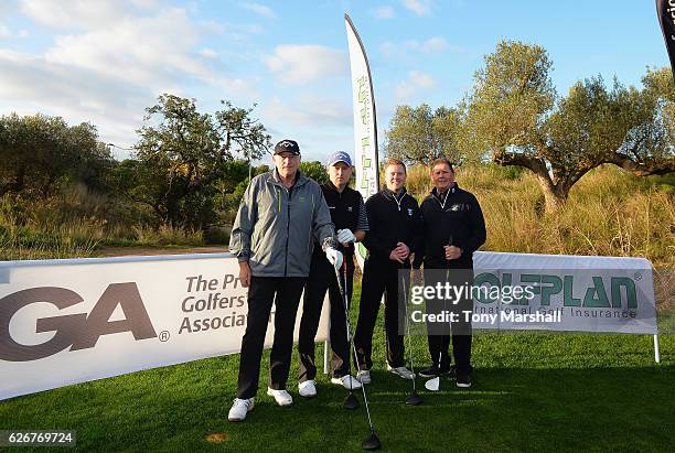 Baxter Ireland of Shipley Golf Club and Nathan Stead of Shipley Golf Club pose for a photo on the first tee with Martin O'Connor of Vicars Cross Golf...