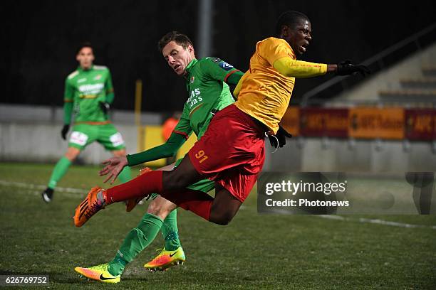 Sega Keita of Tubize and Bruno Godeau defender of KV Oostende pictured during Croky cup 1/8 F match between AFC Tubize and KV Oostende on November...