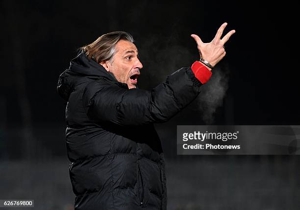 Head coach Tubize Regis Brouard gestures pictured during Croky cup 1/8 F match between AFC Tubize and KV Oostende on November 30, 2016 in Tubize,...