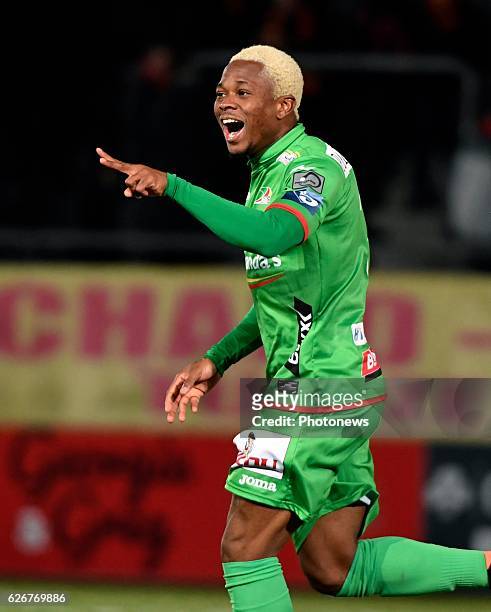 Gohi Bi Zoro Cyriac forward of KV Oostendencelebrates scoring a goal pictured during Croky cup 1/8 F match between AFC Tubize and KV Oostende on...