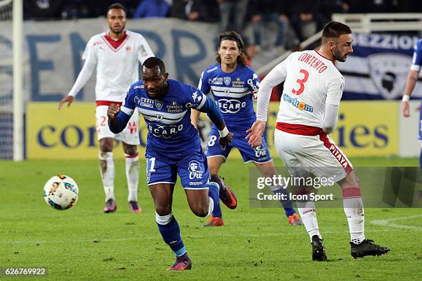 Lenny nangis of bastia and contento diego of bordeaux during the Ligue 1 match between SC Bastia and FC Girondins de Bordeaux at Stade Armand Cesari...