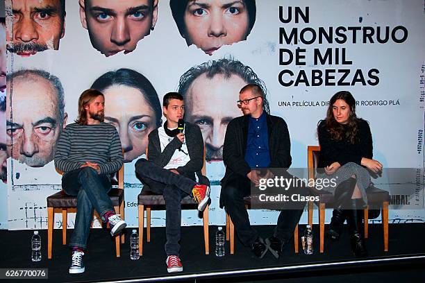 Rodrigo Pla, Laura Santullo, Sandino Saravia and Sebastian Aguirre pose at a press conference for the movie Un Monstruo de Mil Cabezas on November...