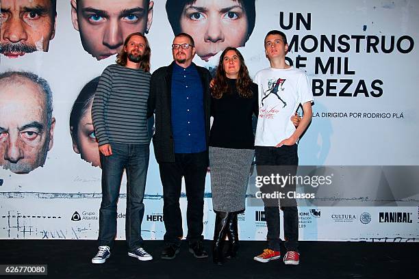 Rodrigo Pla, Laura Santullo, Sandino Saravia and Sebastian Aguirre pose at a press conference for the movie Un Monstruo de Mil Cabezas on November...