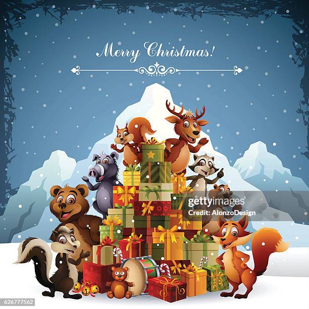 wild animals - christmas gifts - squirrel snow stock illustrations