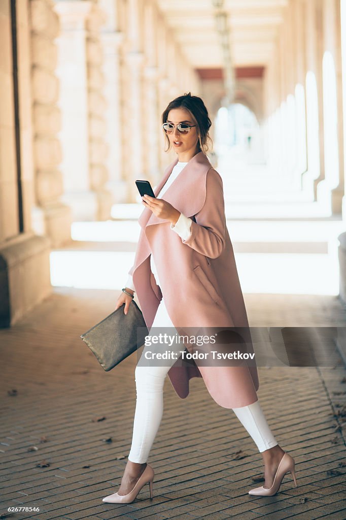 Hermosa mujer elegante enviando mensajes de texto al aire libre