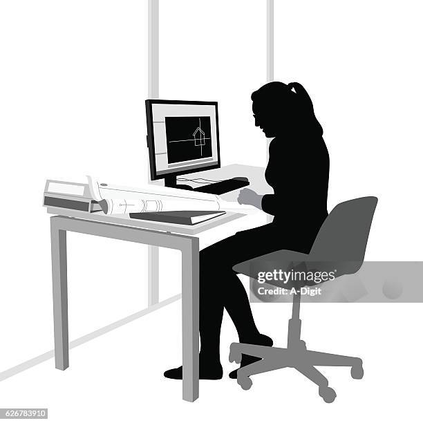 ilustraciones, imágenes clip art, dibujos animados e iconos de stock de creación de blueprint designer - computer desk cartoon