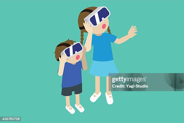 ilustrações de stock, clip art, desenhos animados e ícones de two children experiencing vr headsets - fotografia da studio