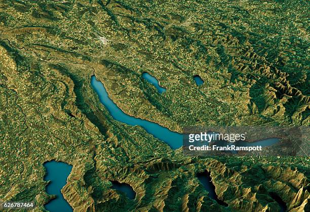 lake zurich 3d landscape view south-north natural color - zurich map stock pictures, royalty-free photos & images
