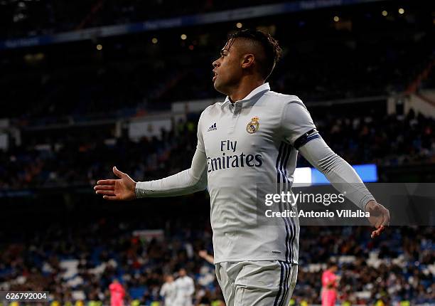 Mariano Diaz of Real Madrid CF celebrates after scoring Real's 3rd goal during the Copa del Rey last of 32 match between Real Madrid and Cultural...