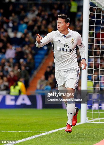 James Rodriguez of Real Madrid CF celebrates after scoring Real's 2nd goal during the Copa del Rey last of 32 match between Real Madrid and Cultural...