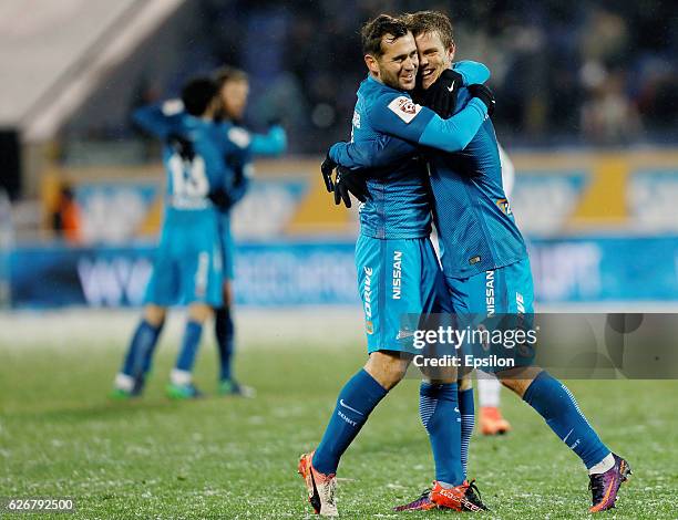 Aleksandr Kokorin of FC Zenit St. Petersburg celebrates his goal with Aleksandr Kerzhakov of FC Zenit St. Petersburg during the Russian Football...