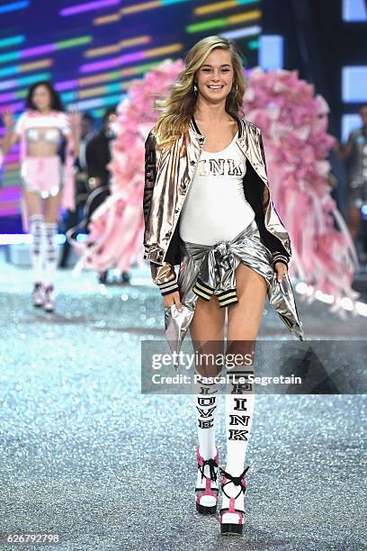 Bridget Malcolm walks the runway at the Victoria's Secret Fashion Show on November 30, 2016 in Paris, France.