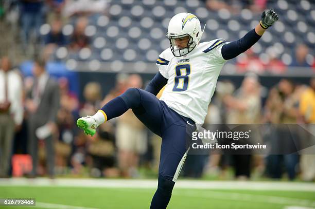 San Diego Chargers punter Drew Kaser participates in action during pregame activities prior to NFL game featuring the Houston Texans and the San...