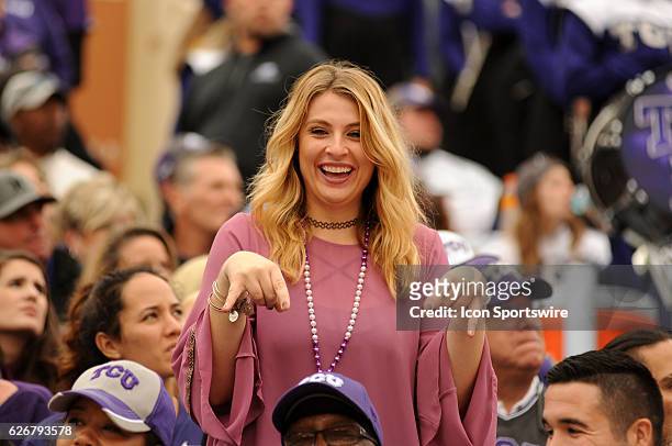 Horned Frogs fan gives the 'horns down' sign during NCAA game featuring the Texas Longhorns and the TCU Horned Frogs on November 25, 2016 at Darrell...