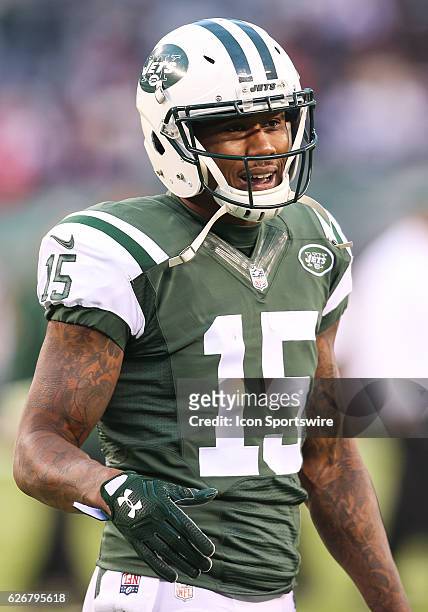 New York Jets Wide Receiver Brandon Marshall is pictured during pre-game warmups prior to an NFL football game between the New England Patriots and...