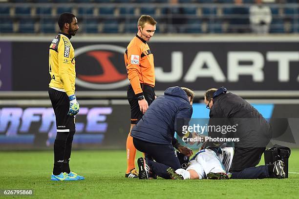 Brecht Dejaegere midfielder of KAA Gent is injured during the Croky Cup match between KAA Gent and KSC LOKEREN in the Ghelamco Arena stadium on...