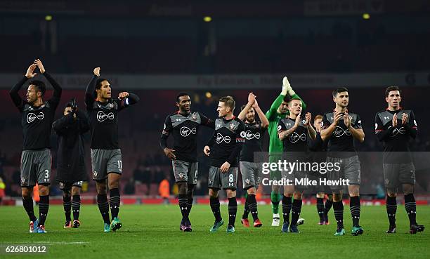 Southampton team celebrate following the EFL Cup quarter final match between Arsenal and Southampton at the Emirates Stadium on November 30, 2016 in...