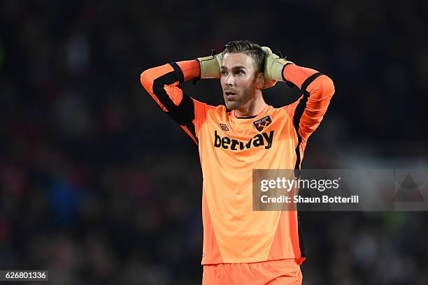 Adrian of West Ham United reacts during the EFL Cup quarter final match between Manchester United and West Ham United at Old Trafford on November 30,...