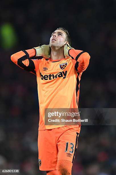 Adrian of West Ham United reacts during the EFL Cup quarter final match between Manchester United and West Ham United at Old Trafford on November 30,...