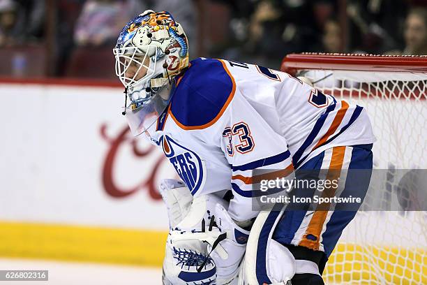 Edmonton Oilers goalie Cam Talbot waits out a tv timeout during the NHL hockey game between the Edmonton Oilers and the Arizona Coyotes on November...