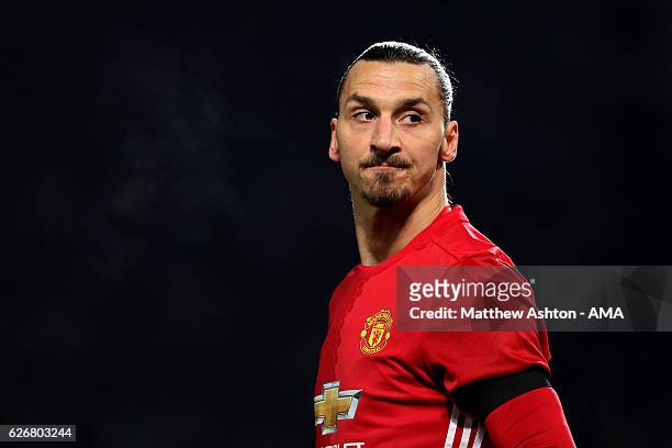 Zlatan Ibrahimovic of Manchester United looks on during the EFL Cup Quarter-Final match between Manchester United and West Ham United at Old Trafford...