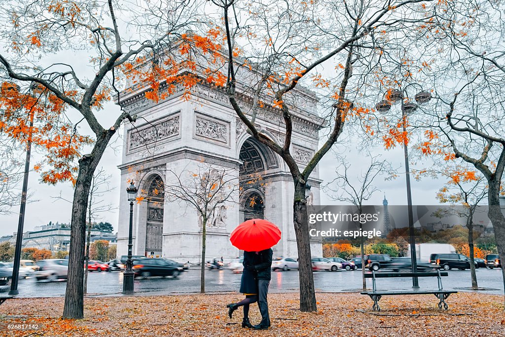 Couple under umbrella at rain in Paris