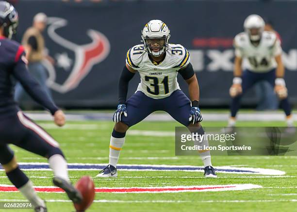 San Diego Chargers strong safety Adrian Phillips waits for the opening kickoff during the NFL game between the San Diego Chargers and Houston Texans...
