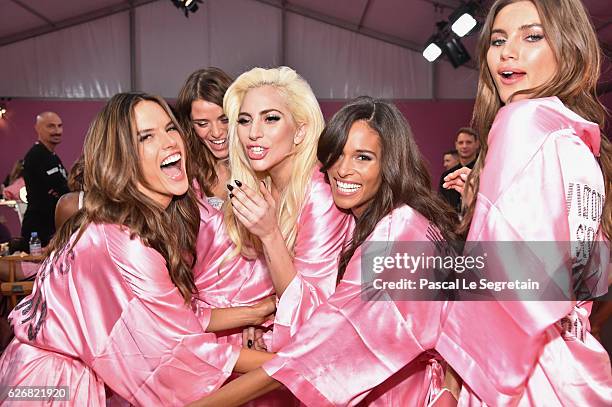 Alessandra Ambrosio, Lais Oliveira, Lady Gaga, Cindy Bruna and Valery Kaufman pose backstage prior to the Victoria's Secret Fashion Show on November...