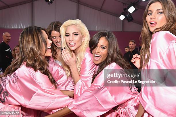 Alessandra Ambrosio, Lais Oliveira, Lady Gaga, Cindy Bruna and Valery Kaufman pose backstage prior to the Victoria's Secret Fashion Show on November...