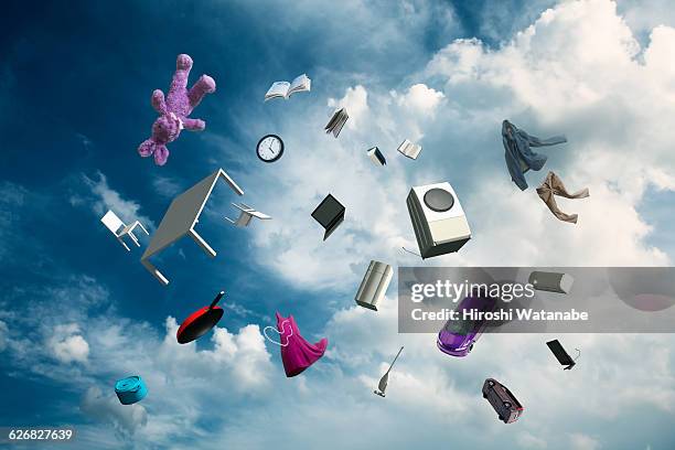 tidying up (home furnishings and wares in the sky) - volare foto e immagini stock