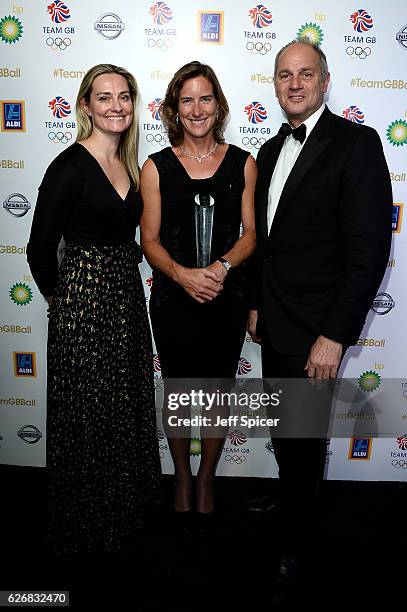 Ball Ambassador Sir Steve Redgrave , Sarah Gosling pose with Katherine Grainger, winner of the Olympians' Olympian Award at the Team GB Ball at...