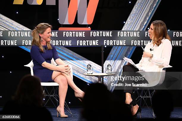 Katie Telford and Leigh Gallagher speak onstage during the Northern Exposure One on One session at Fortune MPW Next Gen 2016 on November 30, 2016 in...