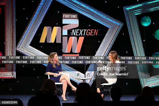 Katie Telford and Leigh Gallagher speak onstage during the Northern Exposure One on One session at Fortune MPW Next Gen 2016 on November 30, 2016 in...