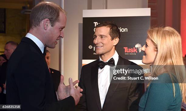 Bear Grylls and Shara Grylls speak with Prince William, Duke of Cambridge during the Tusk Trust Awards at Victoria & Albert Museum on November 30,...