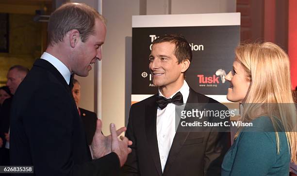 Bear Grylls and Shara Grylls speak with Prince William, Duke of Cambridge during the Tusk Trust Awards at Victoria & Albert Museum on November 30,...