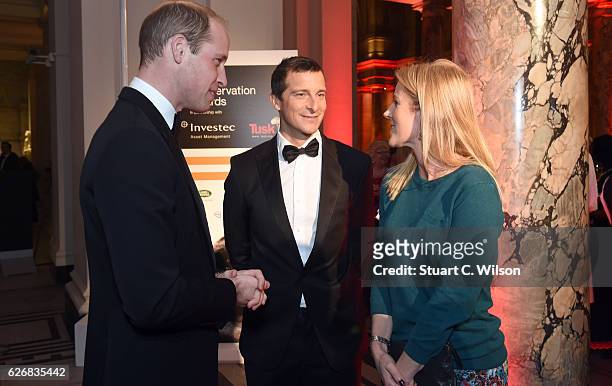 Bear Grylls and Shara Grylls speak with Prince William, Duke of Cambridge during the Tusk Trust Awards at Victoria & Albert Museum on November 30,...