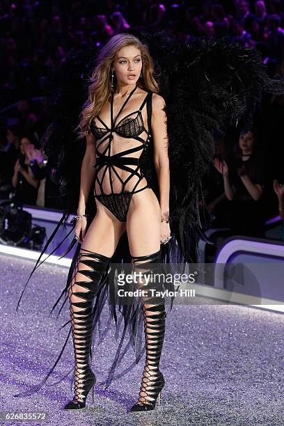 Gigi Hadid walks the runway during the 2016 Victoria's Secret Fashion Show at Le Grand Palais on November 30, 2016 in Paris, France.