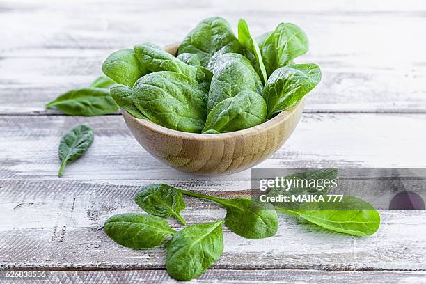 bamboo bowl with baby spinach - fresh baby spinach stock-fotos und bilder