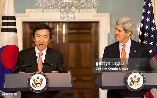 United States - South Korean Foreign Minister Yun Byung Se and U.S. Secretary of State John Kerry hold a joint press conference after their talks in...