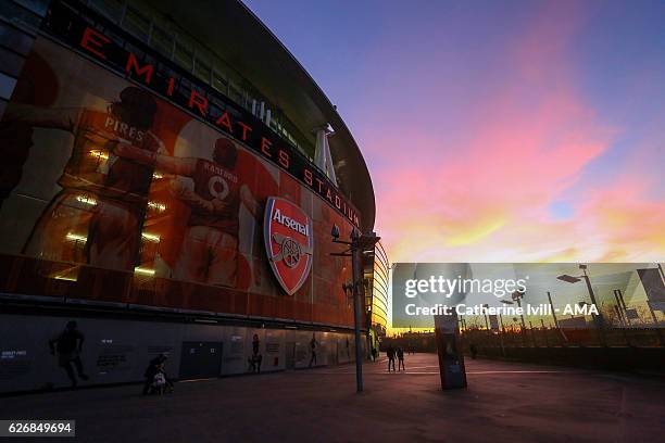 The sunset outside the stadium before the EFL Quarter Final Cup match between Arsenal and Southampton at Emirates Stadium on November 30, 2016 in...