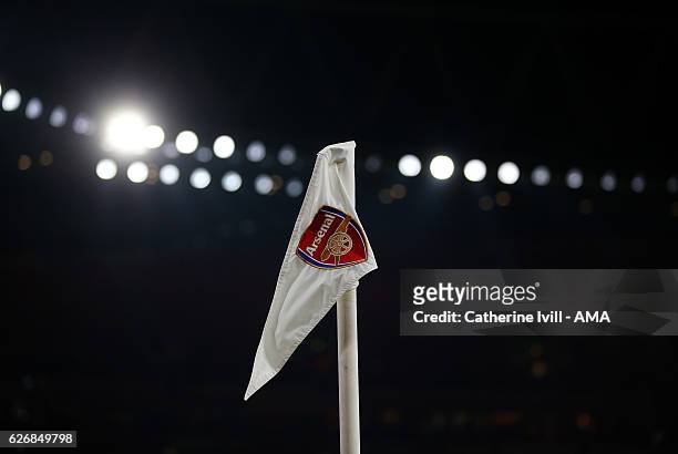 Corner flag with the Arsenal club badge on it during the EFL Quarter Final Cup match between Arsenal and Southampton at Emirates Stadium on November...
