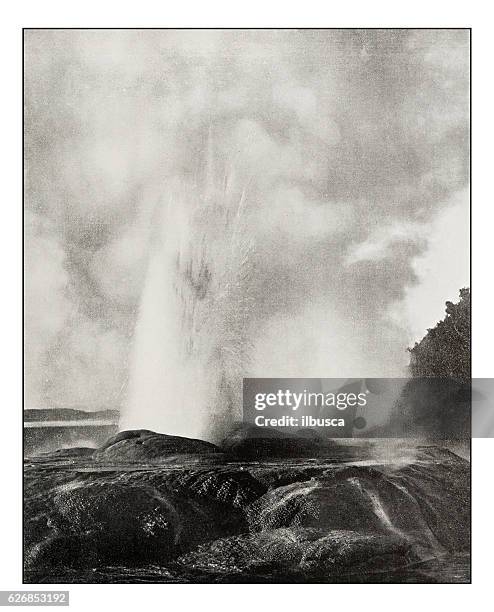 antique photograph of waikite geyser, new zealand - rotorua stock illustrations